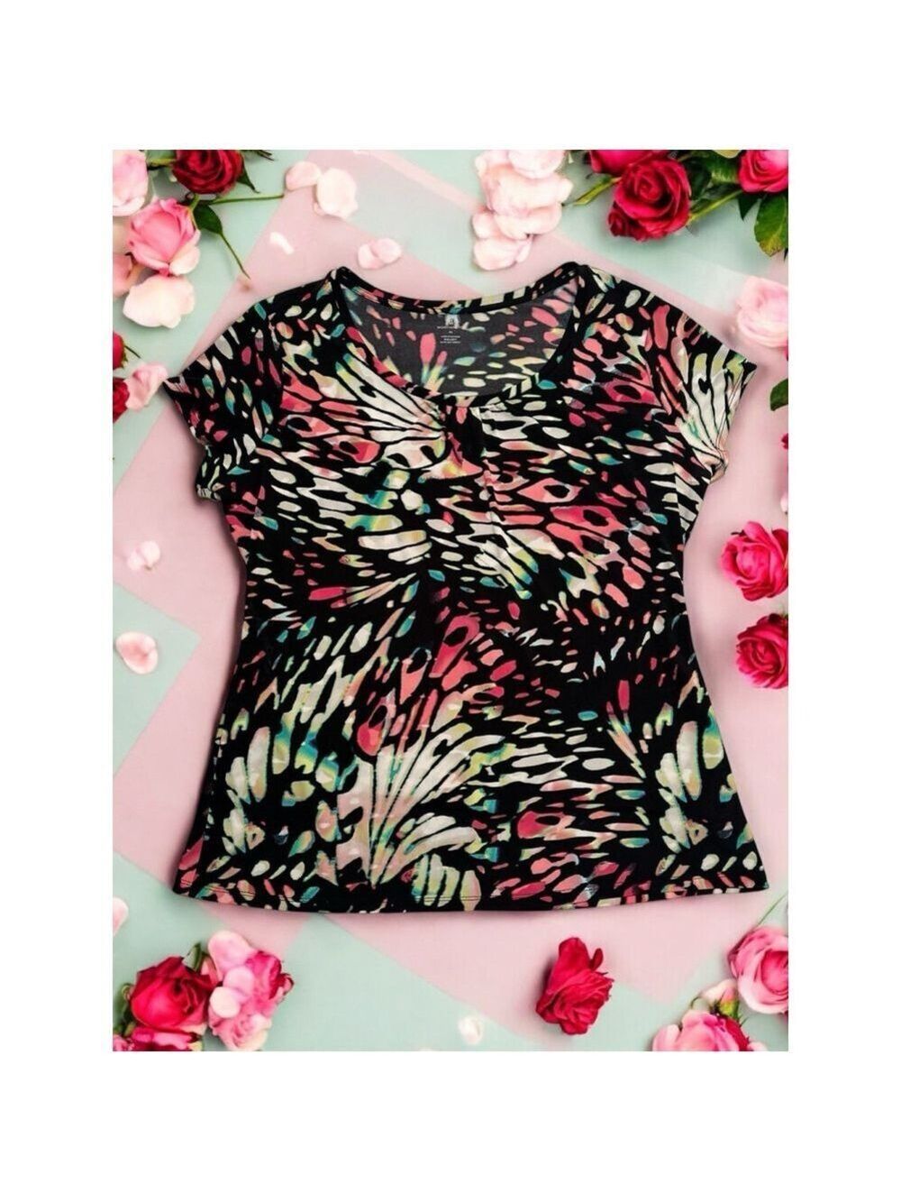 Worthington Hippie Butterfly Blouse Womens XL Multicolor Cap Sleeves Career Top